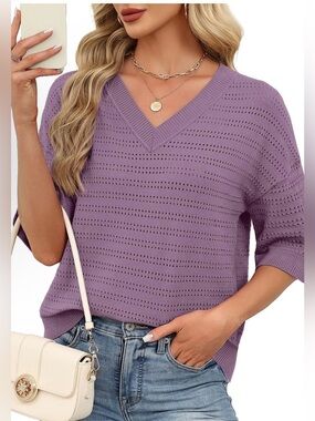 WIHOLL Oversized 3/4 Length Sleeve Womens Sweaters Crochet Fall Outfits
Cropped